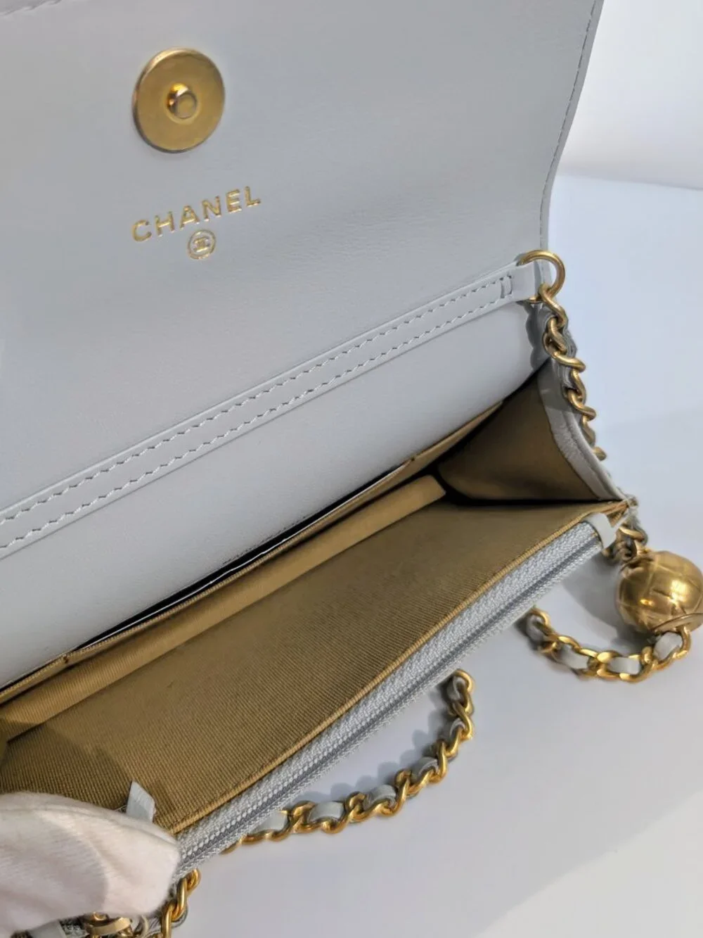 Chanel Light Grey Wallet on Chain (WOC) with Gold Charm